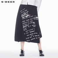sdeer圣迪奥2018秋装新款酷感纯黑拼接字母开衩阔摆长裙
