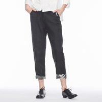 sdeer圣迪奥休闲简约脚口黑白图案面料拼接装饰直筒长裤S18380870