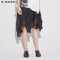 sdeer圣迪奥女装裙子秋肌理折痕挺括晕染百褶半身长裙潮
