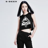 sdeer圣迪奥女装街头抽象印花毛边无袖上衣