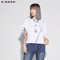 sdeer圣迪奥女装简约圆领水墨抽象印花连袖宽松T恤