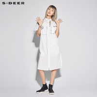 sdeer圣迪奥塑白简约方领撞色印花衬衫连衣裙