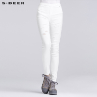 sdeer圣迪奥女装简约纯色休闲破洞牛仔裤