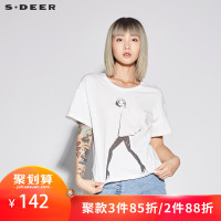 sdeer圣迪奥2019新款女夏素白套头圆领人物印染短袖T恤