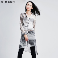 sdeer圣迪奥女装夏装轻盈微透水墨纹理印花防晒长袖衬衫