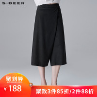 sdeer圣迪奥2019夏装简约纯黑垂坠斜搭阔腿OL直筒中裤女
