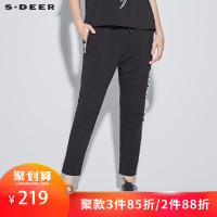 sdeer圣迪奥女休闲素黑松紧抽绳撞色印胶修身小脚运动裤