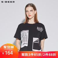 sdeer圣迪奥休闲纯黑圆领黑白印花短袖T恤