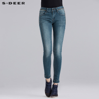 sdeer圣迪奥夏装水洗磨白猫须休闲铆钉修身小脚牛仔长裤