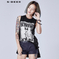 sdeer圣迪奥女装2018夏装街头人物印花无袖黑色上衣T恤
