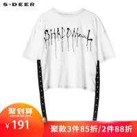 sdeer圣迪奥女装圆领破洞字母印花飘带镂空白色短袖
