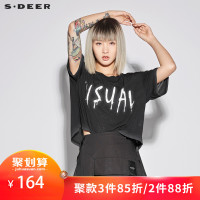 sdeer 圣迪奥 女装酷黑休闲圆领字母印花五分袖T恤