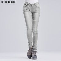 sdeer圣迪奥2018夏装猫须磨白休闲磨破微弹小脚牛仔长裤