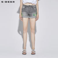 sdeer圣迪奥女装文艺复古绣花不规则摆牛仔短裤