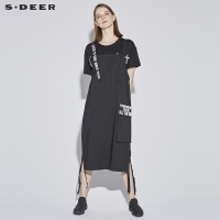 sdeer圣迪奥女休闲纯黑圆领黑白字母图案绣花短袖T恤