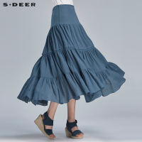sdeer圣迪奥2018夏装蓝调花边层次塔长裙名族风半身裙