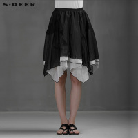 s.deer圣迪奥女明线几何图形抓皱拼接长裙