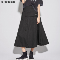 sdeer圣迪奥2018新款酷黑时尚飘带装饰松紧阔摆半身长裙