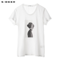 sdeer圣迪奥休闲撞色人像剪影图案装饰圆领女式针织衫