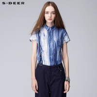 sdeer圣迪奥女渐变纹理晕染短袖亚麻女士衬衫
