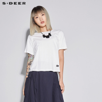 sdeer圣迪奥女装简约纯色圆领套头飘带装饰短袖T恤