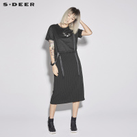 sdeer圣迪奥2018新款女夏装圆领拼接条纹飘带直筒连衣裙