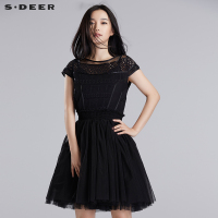 sdeer圣迪奥2018夏装女纯色优雅镂空蓬松纱拼接连衣裙