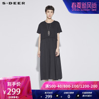 sdeer 圣迪奥休闲圆领松紧束腰拼接大摆连衣裙
