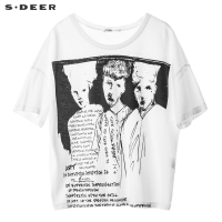 sdeer圣迪奥女简约个性前卫撞色人物图案装饰圆领T恤