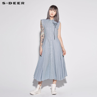 sdeer 圣迪奥 女装清新条纹翻领刺绣印花衬衫连衣裙