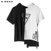 sdeer圣迪奥前卫撞色拼接字母飘带不规则下摆连帽短袖女