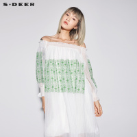 sdeer圣迪奥女装清新素雅一字领印花抽褶长袖连衣裙