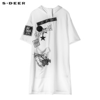 sdeer圣迪奥女休闲连帽创意字母图案印花装饰直筒连衣裙