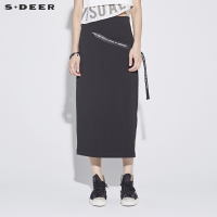 sdeer圣迪奥女装酷感韩范字母飘带高腰开衩修身半身长裙