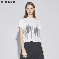 sdeer圣迪奥2018新款简约黑白水墨图案圆领修身短袖T恤