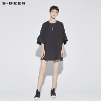 sdeer圣迪奥优雅宽松圆领堆砌压褶喇叭口挺括连衣裙