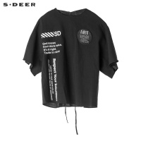 sdeer圣迪奥时尚圆领撞色字母印胶贴布系带蝙蝠袖T恤