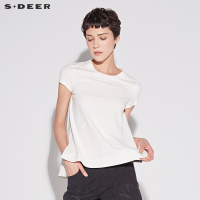 sdeer圣迪奥2018夏装潮前短后长拉链开叉短袖白色T恤