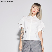 sdeer圣迪奥女装趣味休闲翻领绣线装饰短袖衬衫