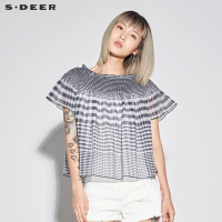 sdeer圣迪奥2018新款女装甜美一字肩撞色格纹短袖衬衫
