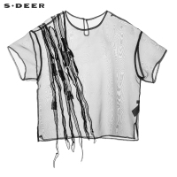 sdeer圣迪奥女清透质感立体抽象装饰开衩设计短袖上衣