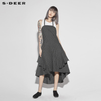sdeer 圣迪奥女装条纹系带不规则摆两件套吊带连衣裙S18281283
