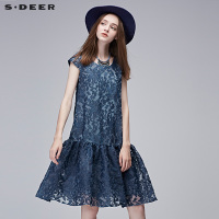 sdeer圣迪奥2019夏装挺括蓝调绣花拼接阔摆两层连衣裙S17281272