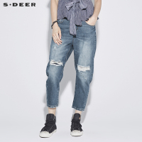 sdeer圣迪奥女装前卫简约破洞九分烟筒牛仔裤S18280844
