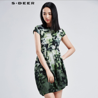 sdeer圣迪奥2018女夏装甘美棕榈印花优雅束腰连衣裙S16281278