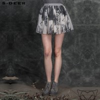 sdeer圣迪奥女2018秋装清逸写意水墨印花褶皱短裙半身裙S16181312