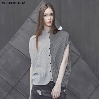 sdeer 圣迪奥休闲时尚圆领撞色条纹创意拼接蝙蝠袖衬衫S18280426