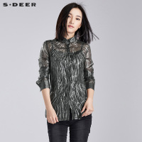 sdeer圣迪奥女装纯色金属感抓皱朦胧微透衬衫S15380595