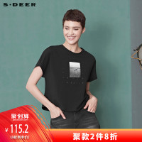 sdeer圣迪奥女装宽松简约圆领字母人物印胶蝙蝠袖T恤S18280170
