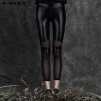 sdeer圣迪奥女装修身黑色格拼接打底裤长裤
